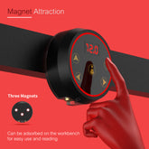 Tattoo Machine Power Supply with screen. Black round unit with red screen and light ring, featuring magnetic function.